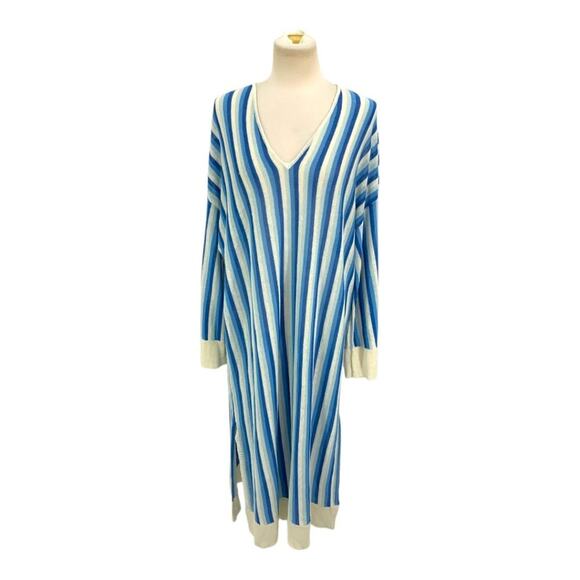 Zara Blue Striped V Neck Linen Blend Coverup Dress Size Medium NWT $90 MSRP - Picture 2 of 9